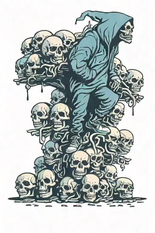 shadow man in hoodie and mask standing on a pile of skulls tattoo design idea