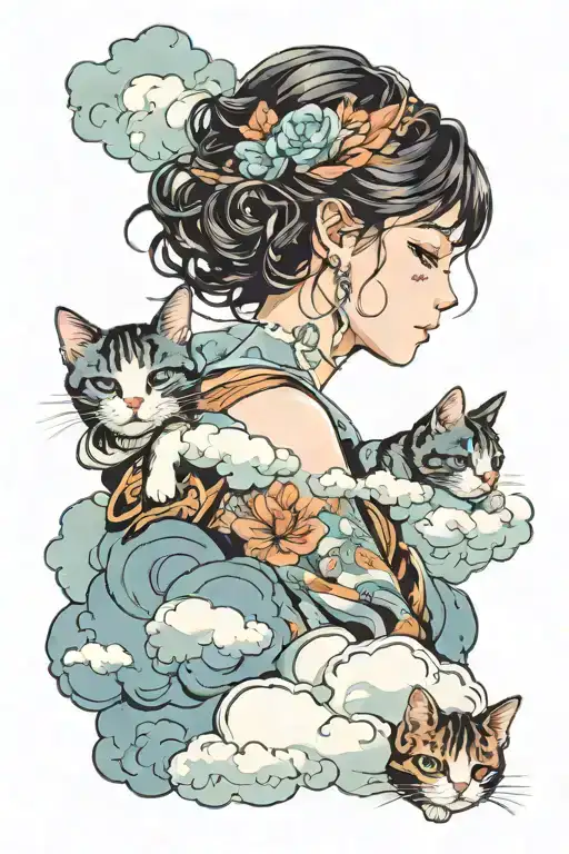 Bottom half of a cute womans face with the top half being obscured by clouds, and then a cat sleeping on the clouds tattoo design idea