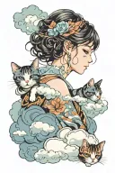 Bottom half of a cute womans face with the top half being obscured by clouds, and then a cat sleeping on the clouds tattoo design idea