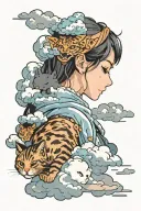 Bottom half of a cute womans face with the top half being obscured by clouds, and then a cat sleeping on the clouds tattoo design idea