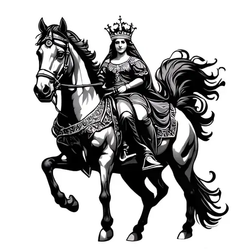 tattoo design for women: kraljeva sutjeska church, queen catherine of bosnia with crown on head riding horse, armored tattoo design idea