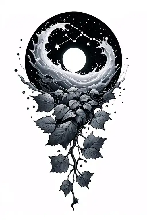water splash stars Libra constellation Orion constellation realistic simple fluid dynamic negative space waves ivy fauna tattoo design idea
