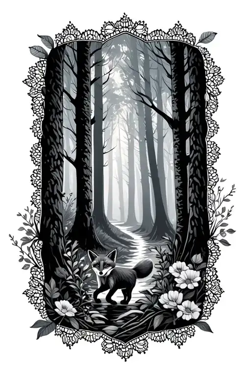 floral lace background with small fox running through forest tattoo design idea