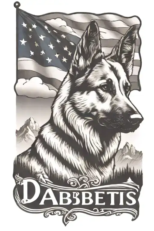 portrait of German shepherd wearing bracelet saying "diabetes" mountain scene American flag tattoo design idea