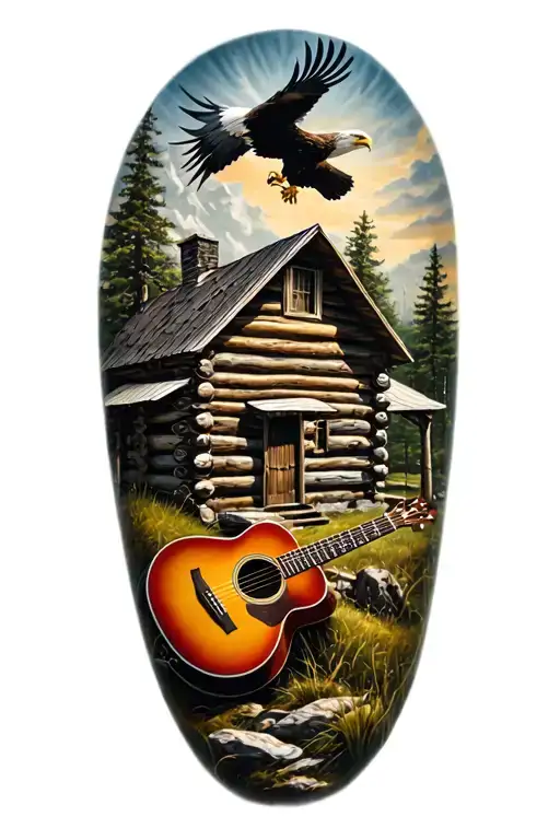 log cabin with an acoustic guitar in front and an eagle perched above. nature scene  tattoo design idea