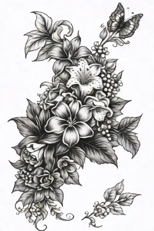 A black and white pencil sketch straight floral border with violets, daisies, lily of the valley, marigolds, and holly tattoo design idea