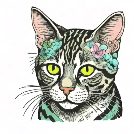 Skinny female tabby cat portrait, blue black green purple pink white, spot on face, tattoo design idea