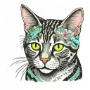 Skinny female tabby cat portrait, blue black green purple pink white, spot on face, tattoo design idea