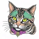 Skinny female tabby cat portrait, blue black green purple pink white, spot on face, tattoo design idea