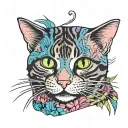 Skinny female tabby cat portrait, blue black green purple pink white, spot on face, tattoo design idea