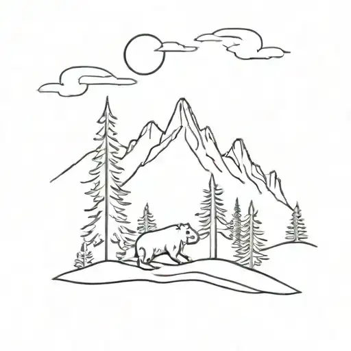 mountains and trees with bear and cardinal perched tattoo design idea