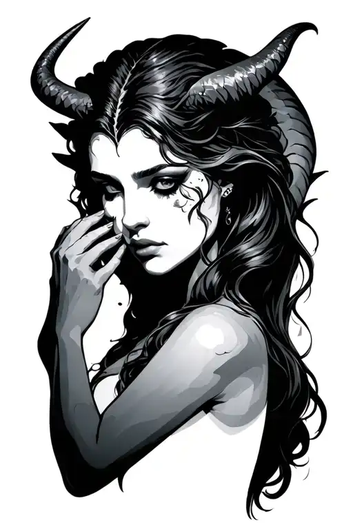 devil holding woman's face tattoo design idea
