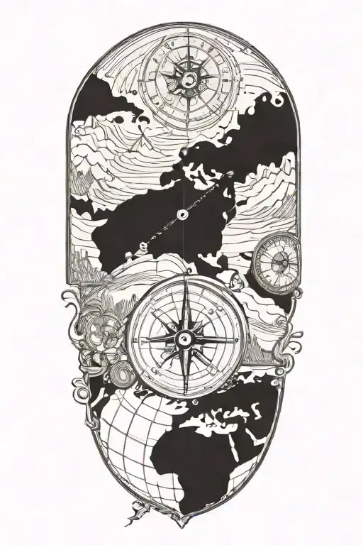 travel inspired tattoo featuring compass, globe and tuscan landscape tattoo design idea