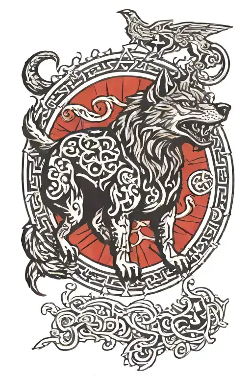 fenrir with gemini zodiac and runes tattoo design idea