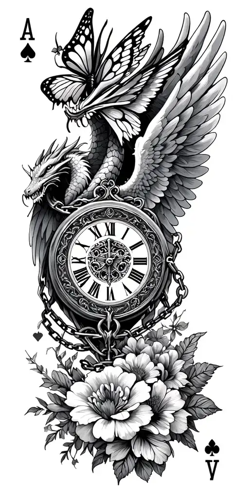flowers, clock face surrounded, angel wings, dragon, butterfly, chains, ace card tattoo design idea
