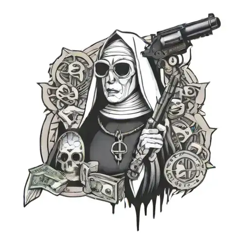 nun, gun, dollar tattoo design idea
