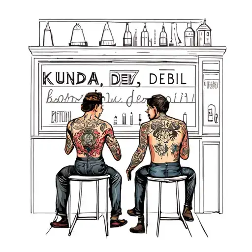 "kunda, debil" couple sitting in front of the empty bar located in Prague tattoo design idea
