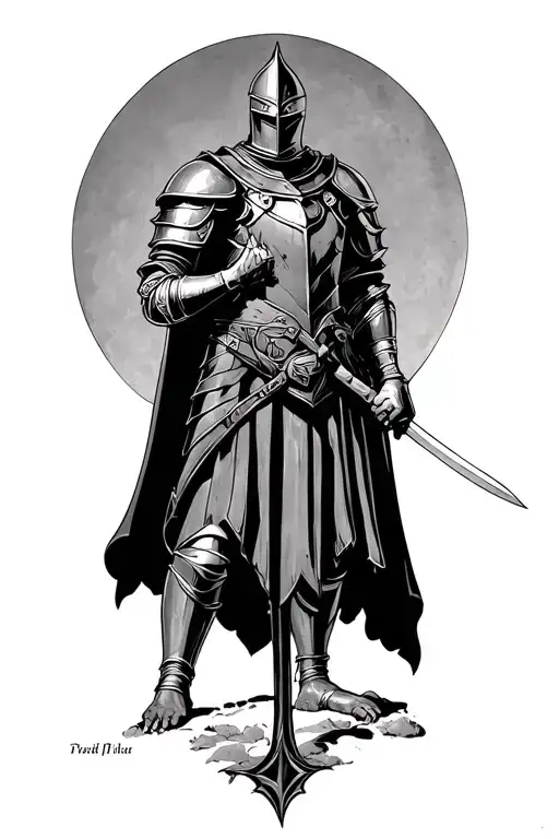 Black Knight from Monty Python and the Holy Grail, in bold blackwork tattoo style, limbs missing, surreal and absurd, ca tattoo design idea