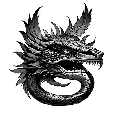 Quetzalcoatl feathered snake face tattoo design idea