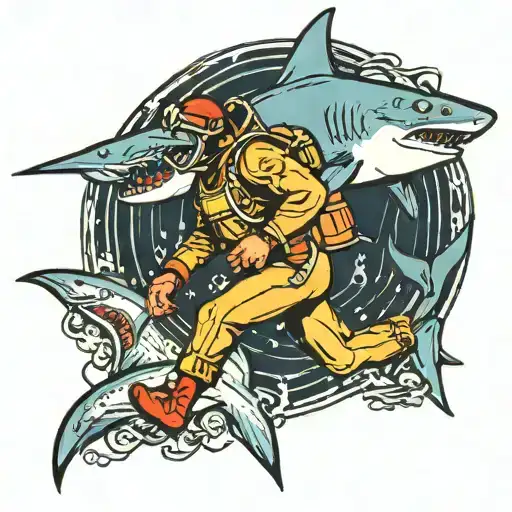 scuba diver with a shark swimming tattoo design idea
