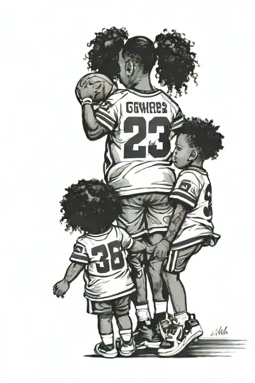 Back silhouette of black man wearing a dallas cowboys jersey standing between 2 black toddler girls with puff ball hairs tattoo design idea