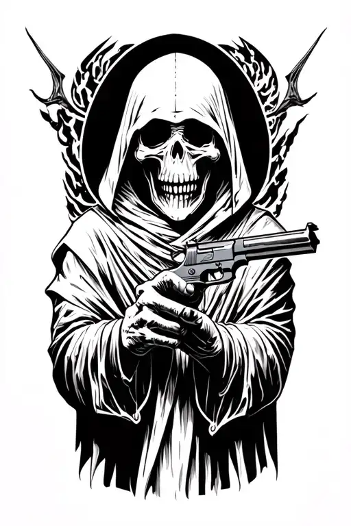 Grim reaper holding a pistol tattoo design idea