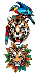 tiger and bird and mexican cowboy skull tattoo design idea
