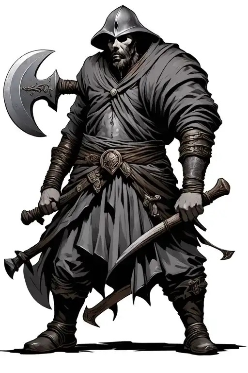 an executioner with an axe in his left hand and a head in his right hand tattoo design idea