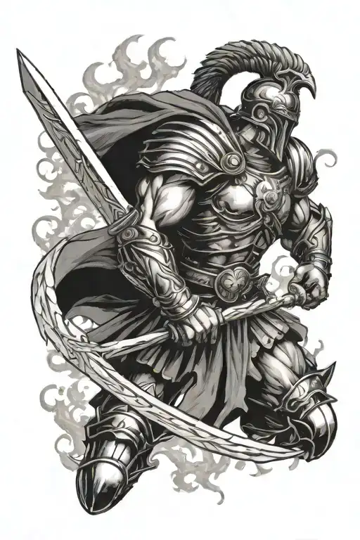 Ares in full battle mode, wielding a spear or sword, with flames and a battlefield of fallen warriors in the background. tattoo design idea