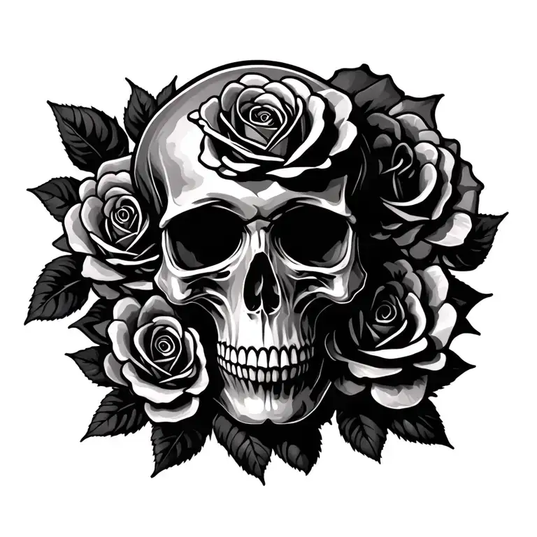 skull and rose flowers large tattoo design idea