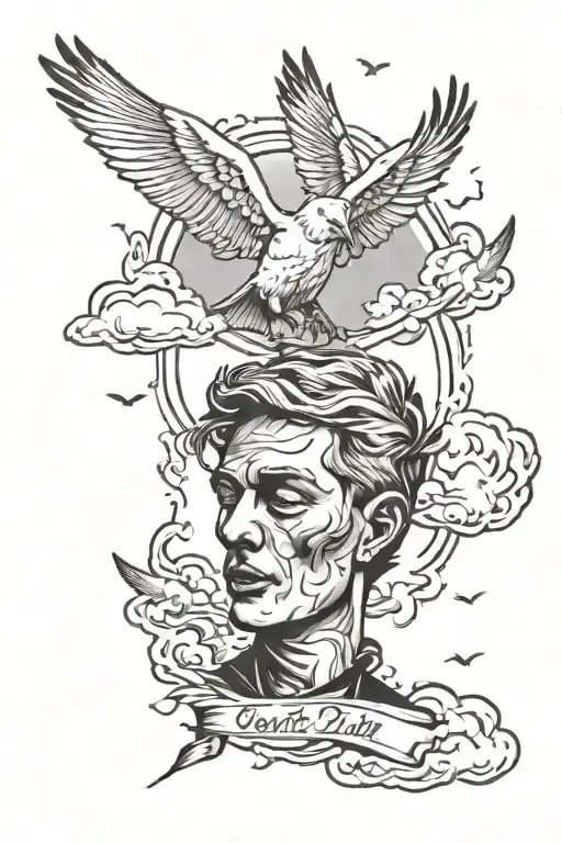 rip Zach with cloud background and doves flying tattoo design idea
