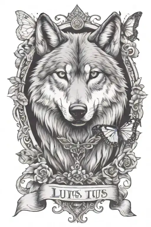 Wolf with phrase lupus intus and butterfly on nose tattoo design idea
