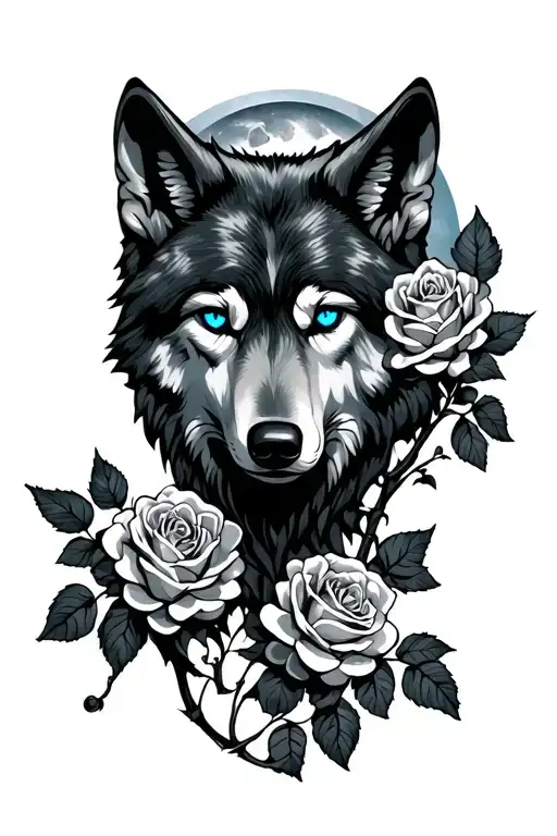 wolf head with blue eyes looking through a rose vine with full moon behind him tattoo design idea