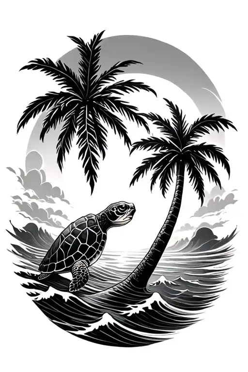 palm tree sun wave sea turtle tattoo design idea