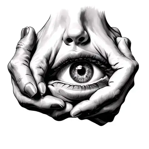 "Some hands opening a throat so that an eye peeks out." tattoo design idea