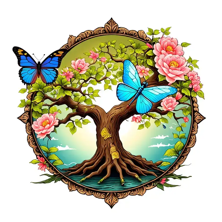 tree of life with butterfly dragonfly and fairy  tattoo design idea