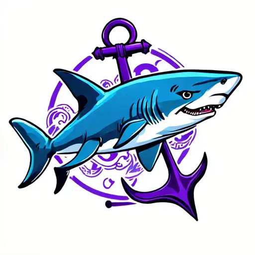 Blue shark holding purple anchor tattoo design idea