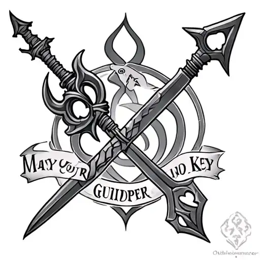 Kingdom Hearts tattoo with two Keyblade Oblivion and Oathkeemper crossed, with the word '' May Your Guide Key '' tattoo design idea