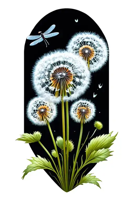 a small bunch of dandelions as if someone blew on them with a dragonfly flying around them  tattoo design idea
