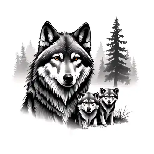 Wolf with 3 cubs with forest landscape tattoo design idea
