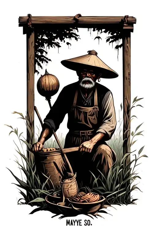 "Maybe so" old Chinese farmer working in the field with his face hidden by his hat tattoo design idea