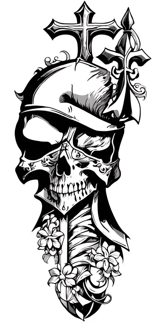 High skull, knight who loads on forearm, Christian cross, fleur -de -lis tattoo design idea