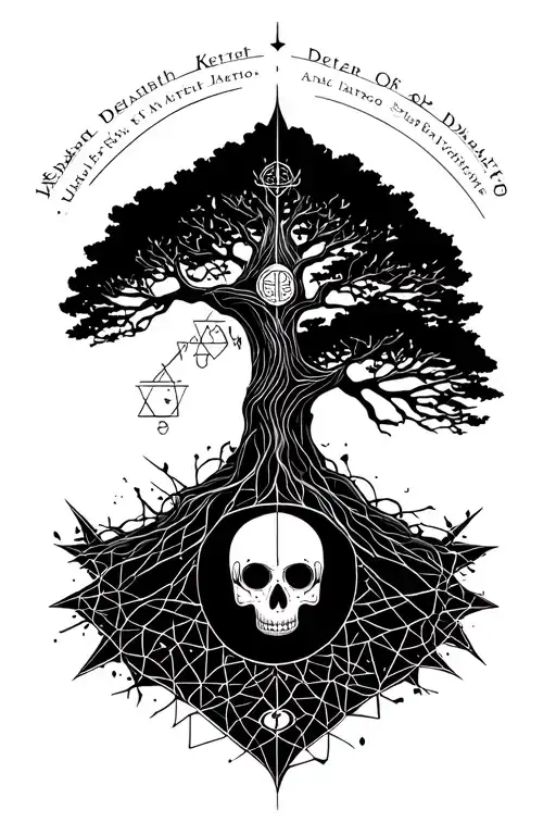 A Kabbalah Tree of Life and Tree of Death duality tattoo for the upper back, focusing on the Keter and Da’at. tattoo design idea