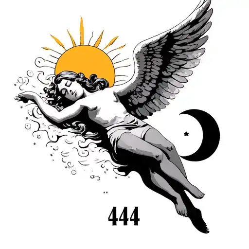 simple angel sleeping with sun and moon on the left and right side with the number 444 under the angel tattoo design idea