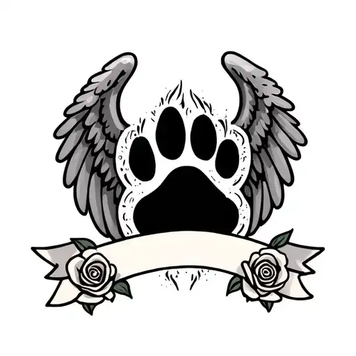 paw print with angel wings with banner and rose  tattoo design idea
