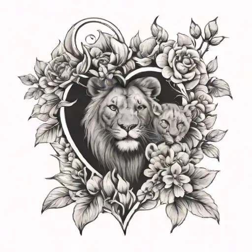 A heart-shaped bouquet of flowers with tiny lion cubs hidden among the petals tattoo design idea
