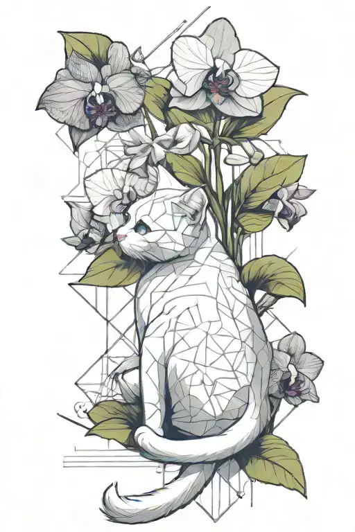white kitten sits with its back down and sniffs an orchid branch, there are two black spots on its back near its tail tattoo design idea