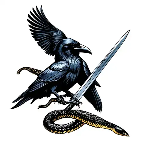 a raven, a rattlenake, and a sword (organized such that they compliment the muscles of a shoulder, bicep, and tricep) tattoo design idea