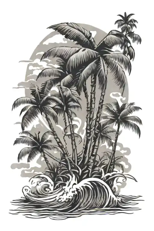 Palm trees, ocean waves, yerba mate, freedom within man, stylized realism, Latin America, tattoo design idea