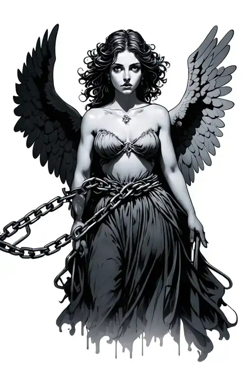 A woman angel facing forwards breaking free from chains tattoo design idea